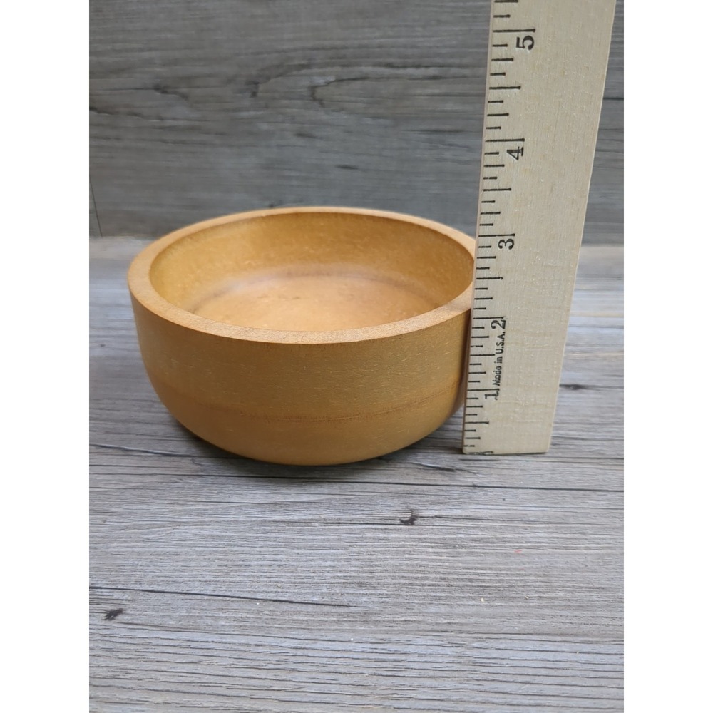 Round Tan Wooden Bowl Mother of Pearl Inlay Lid Trinket Box - Picture 7 of 8